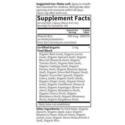 Garden of Life Kind Organics Methylcobalamin B12 Spray (Vegan, Gluten & Dairy Free, Raspberry Flavour, 500mcg, 58ml)