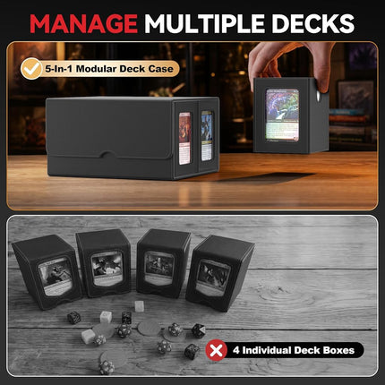 Kabinka Deck Box for MTG Commander Display, 5 in 1 Trading Card Storage Box Fits 400+ Double-sleeved Cards, Removable Deck Case for TCG/Sports Cards with Dice Tray, 4 Magnetic Card Holders (Black)