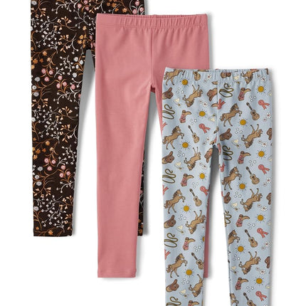 The Children's Place Girls' Printed Leggings 3-Pack, Regina Floral_kona_Lotus Flower | Tuscan Glow | Western Doodle_Smoky Blue, X-Large