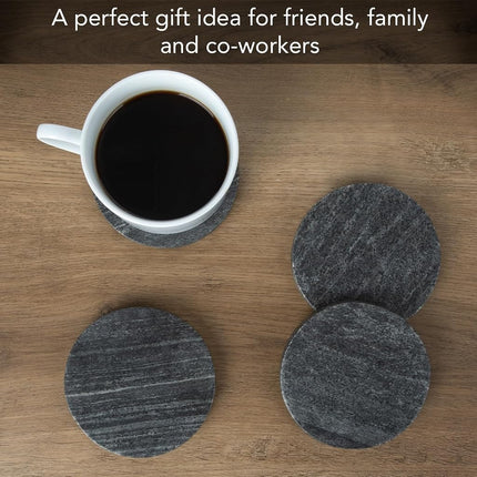 Thirstystone 4 Pack Natural Black Marble Round Coasters 4.5"" Diameter Elegant Heat Tolerant Easily Wipes Clean, NM920