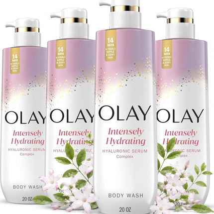 Olay Body Wash for Women, Intensely Hydrating, Hyaluronic Acid Serum Complex, Renews Moisture, Free of Parabens & Phthalates, Vitamin B3 Lameller Technology, For All Skin Types, 20 fl oz (Pack of 4)