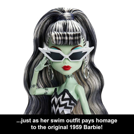 Monster High x Barbie Frankie Stein Doll with Original Barbie-Inspired Swimsuit and Solo in the Spotlight Black Evening Dress, Accessories