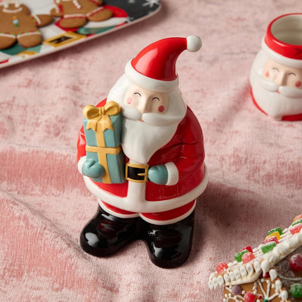 Christmas Whimsy Santa 3D Ceramic Cookie Jar with Gift – Holiday Jar for Treats, Cookies, Candy – Sculpted Santa Claus with Hand-Painted Details – Festive Kitchen Décor, 56 oz Capacity