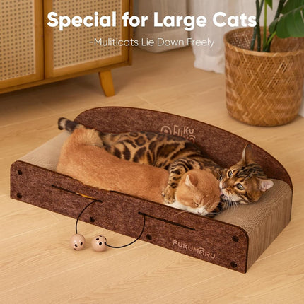 FUKUMARU 26 Inch Cat Scratcher Cardboard Lounge Bed, Durable Cat Scratcher Bed Large Lounger, 2 Reversible Cat Scratching Pads for Indoor Cats, Recyclable Cat Scratch Bed Cardboard with Bell Ball Toy
