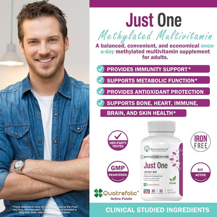NatureGenX - Just One Ultra Daily MTFHR Support Methylated Multivitamin with ADK, CoQ10, Active Vitamin B12 (Methylcobalamin), Quatrefolic L5-MTHF for Woman and Men, Dr Formulated, 60 Capsules