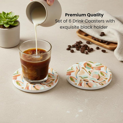 Ceramic Absorbent Coasters Set of 6 with Holder, Marble DrinkCoasters for Coffee Table, Water-Absorbing Stone Coasters (Impressions)