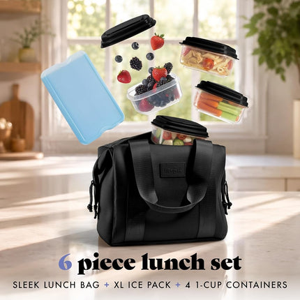 Fit & Fresh Neoprene Lunch Bag For Women, Insulated Womens Lunch Bag For Work, Tear & Stain Resistant Large Lunch Box For Women With Containers and Ice, Machine Washable Remi Lunch Bag, Black