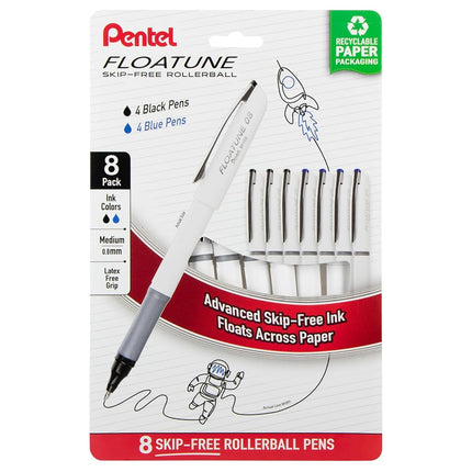 Pentel Floatune Rollerball, 0.8mm medium point, Black & Blue Ink, Pack of 8 pens (BY108PF8AC)