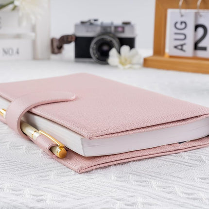 Ox Knight A5 Leather Planner Cover for Hobonichi Cousin, Stalogy, Midori, Leuchtturm1917, and More - with Pen Loop, Card Slots, Back Pocket, and Bookmarks (Pink)
