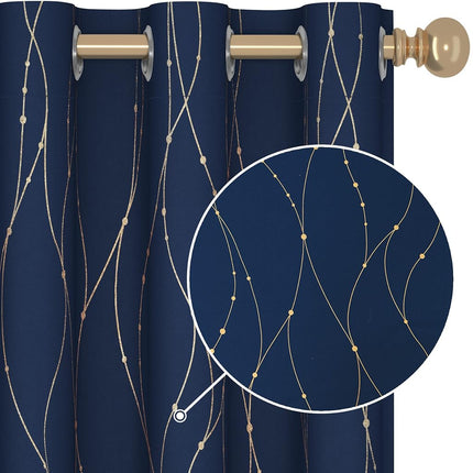 Deconovo Blackout Curtains Grommet Top Thermal Insulated Wave Line and Dots Gold Foil Printed Noise Reducing Window Drapes for Kitchen 42 x 72 Inch Navy Blue Set of 2 Panels