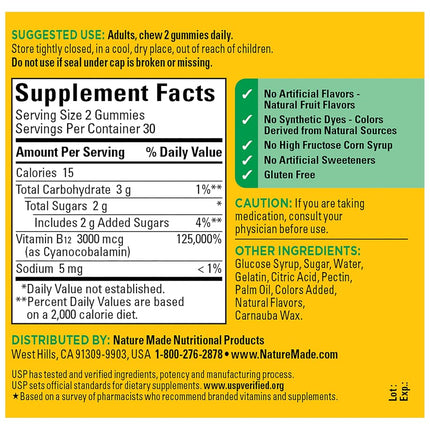 Nature Made Extra Strength Vitamin B12 Gummies, 3000 mcg per serving, B12 Vitamin Supplement for Energy Metabolism Support, 60 Gummy Vitamins, 30 Day Supply
