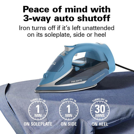 Hamilton Beach Steam Iron for Clothes & Garment Steamer with Durable Stainless Steel Soleplate, 1700 Watts for Ultra-Fast Heat, 8’ Retractable Cord, Auto Shutoff, 350 ml Water Tank, Blue (14216)