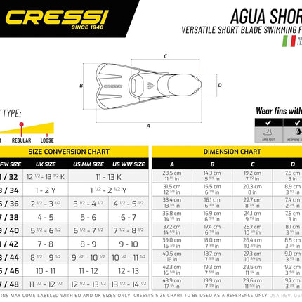 CRESSI Agua Short Fins Blue 8.5/9.5 (43/44 EU) - Self Adjusting Short Fins for Diving, Apnea, Snorkeling and Swimming, Blue, 8.5/9.5 (43/44 EU)
