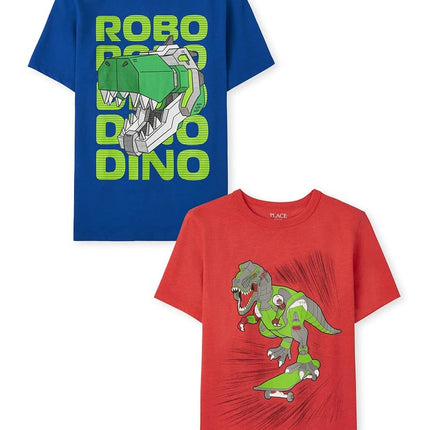 Camiseta gráfica de manga corta para niños The Children's Place, paquete de 2, robot dinosaurio/dinosaurio patinador, talla grande
