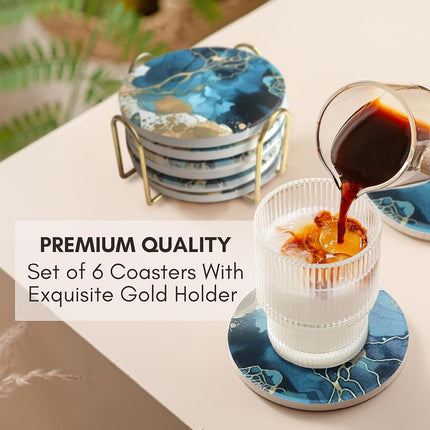 Ceramic Marble Coasters Set of 6, Absorbent Drink Coasters for Table