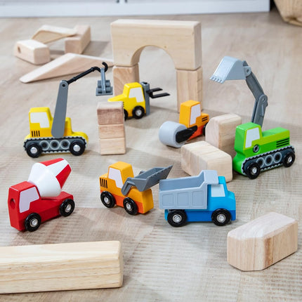 Melissa & Doug Wooden Construction Site Vehicles with Wooden Storage Tray (8 pcs) Construction Toys, Vehicle Toys, Cars for Toddlers and Kids Ages 3+