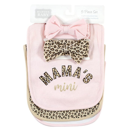Hudson Baby Babero y Conjunto de Diadema o Gorro de Algodón Unisex para Bebé, Estampado de Leopardo "Mamas Mini", Talla Única
