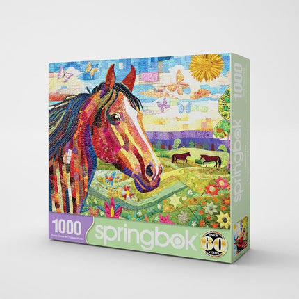 Springbok Patchwork Pony 1000 Piece Puzzle for Adults - Stunning Mosaic-Style Horse Puzzle Set in a Colorful, Blooming Meadow with Butterflies.