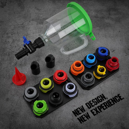 18-Piece Engine Oil Funnel Set, 1.36 qt Automotive Oil Funnel Kit with 12 Adapters, Elbow Fitting, Arrow Screen and Magnetic Storage Hooks Tray, Compatible with GM, Ford, BMW, Audi, Land Rover Etc