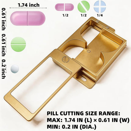 Professional Pill Cutter and Splitter - Precision Aluminum Slicer for Small Large and Tiny Tablets Best Cortador for Accurate Medicine and Vitamin Dosing Ideal Tablet Splitters for Pastillas (Gold)
