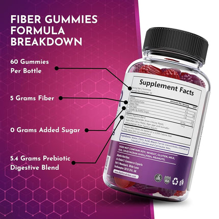 Gomitas de fibra prebiótica sin azúcar para adultos - Suplemento de fibra formulado con 5 g de fibra y 5,4 g de mezcla digestiva prebiótica. Favorece la salud intestinal y promueve una digestión saludable - Paquete de 2 (120 gomitas)