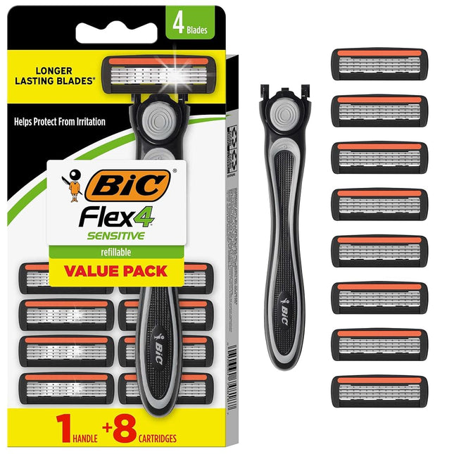 BIC Hybrid Flex 4 Sensitive Titanium Men's Disposable Razors, For a Smooth, Ultra-Close and Comfortable Shave, 8 Cartridges and 1 Handles, 9 Piece Razor Set