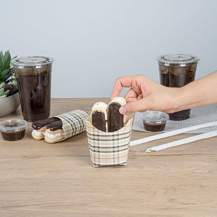 Bio Tek 3.9 x 2.6 x 3.5 Inch French Fry Cup, 100 Disposable Snack Cups - Stackable, Sustainable, Plaid Paper 2 Ounce Fry Holder, for Fries, Onion Rings, Popcorn, or Cookies - Restaurantware