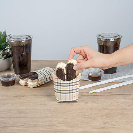 Bio Tek 3.9 x 2.6 x 3.5 Inch French Fry Cup, 100 Disposable Snack Cups - Stackable, Sustainable, Plaid Paper 2 Ounce Fry Holder, for Fries, Onion Rings, Popcorn, or Cookies - Restaurantware