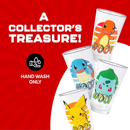 Silver Buffalo Pokemon Original Starters Feautirng Charmander, Squirtle, Bulbasaur, and Pikachu 4 Pack Pint Glass Set, 16 Ounces