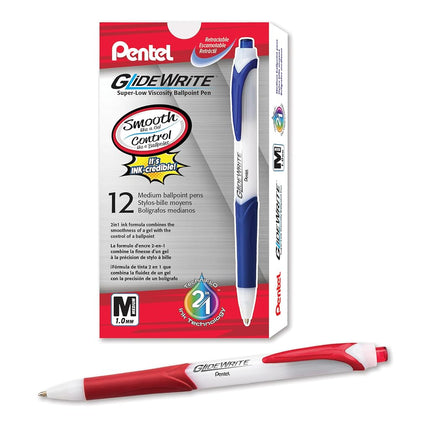 Pentel GlideWrite Ballpoint Pen with TechniFlo Ink, (1.0mm) Medium Line, Red, Box of 12 (BX910-B)