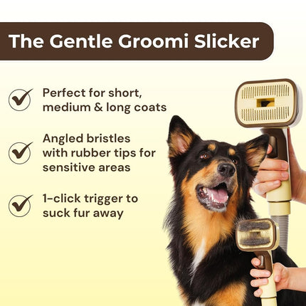 Groomi Vacuum Pet Brush Kit – 3-in-1 Dog & Cat Grooming Tool with Self-Cleaning Deshedding Brush – Universal Vacuum Attachment, Pet Hair Remover for Shedding, All Coat Types, Works with Dyson