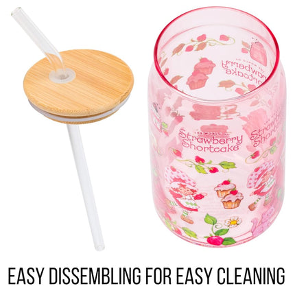 Silver Buffalo Strawberry Shortcake Glass Tumbler with Bamboo Lid, 16oz