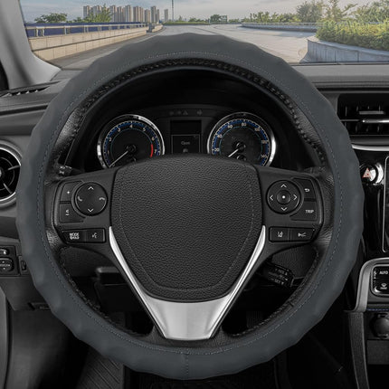 BDK Genuine Gray Leather Steering Wheel Cover for Car, Large 15.5-16 inch – Ergonomic Comfort Grip for Men & Women, Car Steering Wheel Cover for Vehicles with Large Steering Wheels