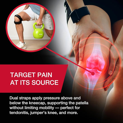 MUELLER Sports Medicine Adjustable Max Knee Single Strap, Knee Pain Relief Support for Men and Women, Ideal for Osgood-Schlatter's, Runner's Knee, Patellar Tendinitis, Black, Small/Medium