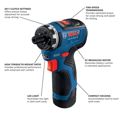 Bosch GSR12V-300HXB22 12V Max Brushless 1/4 In. Hex Two-Speed Screwdriver Kit with (2) 2.0 Ah Batteries