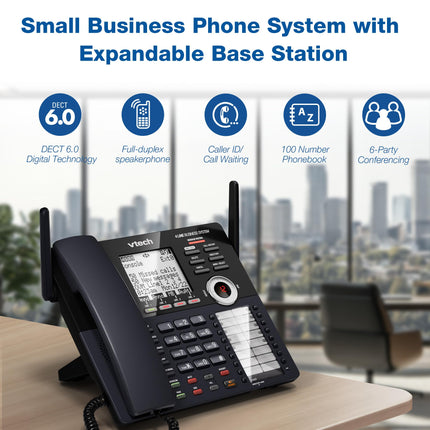 Consola principal VTech AM18447 Sistema telefónico para pequeñas empresas de 4 líneas - Ampliable a 10 estaciones, Contestador automático digital, Operadora automática, Intercomunicador y Música personalizada en espera, Negro