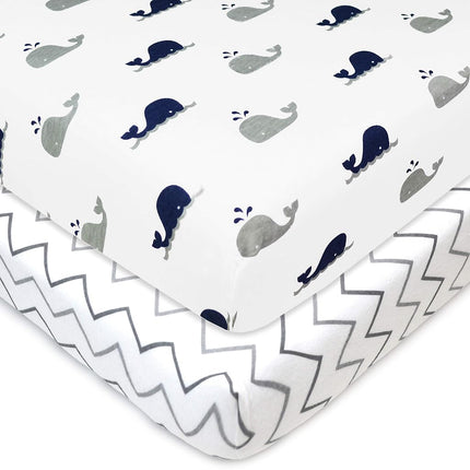 American Baby Company Drap-housse en jersey 100 % coton naturel imprimé pour parc pliant, Baleine marine/Zigzag gris, Doux et respirant, pour garçons et filles, Lot de 2, 68,5x99 cm (Lot de 2)