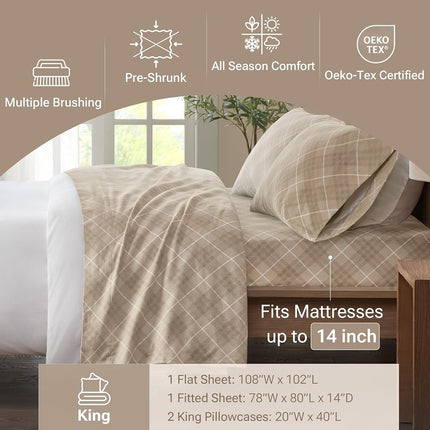 SLEEP PHILOSOPHY True North Cozy Flannel Warm 100% Cotton Sheet - Novelty Print Animals Stars Cute Ultra Soft Cold Weather Bedding Set, King, Tan Plaid 4 Piece