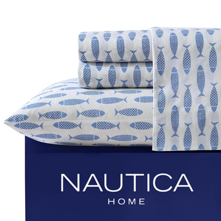Nautica - Juego de sábanas dobles, juego de ropa de cama de percal de algodón, decoración costera para el hogar, artículos esenciales para dormitorio (pez de bloque de madera azul, individual)