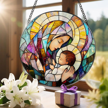 Baby Jesus and The Holy Mother Mary Sun Catcher, 8 Inch Stained Glass Window Hanging, Stained Glass Decor, Christian Home Decor, Christian Gifts for Women, Religious Gifts for Women