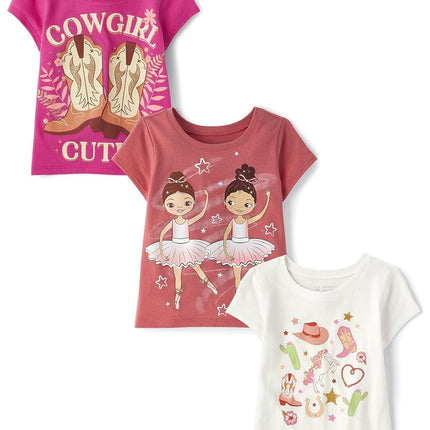 The Children's Place Baby Girls' and Toddler Assorted Everyday Short Sleeve Graphic T-Shirts,multipacks, Cowgirl Cutie/Ballerinas/Western, 3T