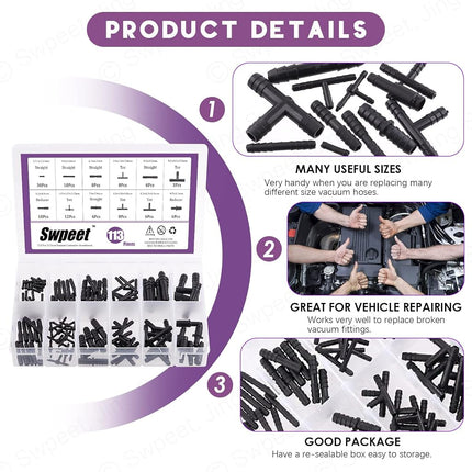 Swpeet 113Pcs Barbed Vacuum Connector Kit, Including Tee, Reducer, and Straight Connectors for Replacing Vacuum Hoses