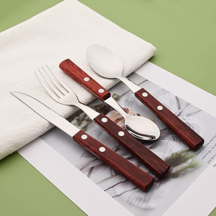 Uniturcky Wooden Handle Flatware Set, Knives Forks Spoons Set for 6, 24-Piece 304 Stainless Steel Kitchen Utensils Set, Silverware Set with Wood Handles, Red Wood with Rivet & Retro Style Cutlery