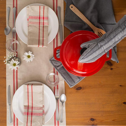 DII French Stripe Dining Table Collection Farmhouse Style Table Runner, 14x108 Inches, Taupe/Red