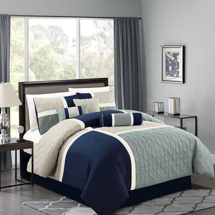 Chezmoi Collection 7-Piece Quilted Patchwork Set, Polyester, Navy/Blue/Grey, Queen