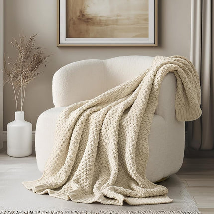 Manta de punto de chenilla gruesa EVERGRACE para sofá, mantas suaves y lujosas de punto musgo para cama, manta decorativa rústica y acogedora para sofá, todas las estaciones, beige, 152 x 203 cm