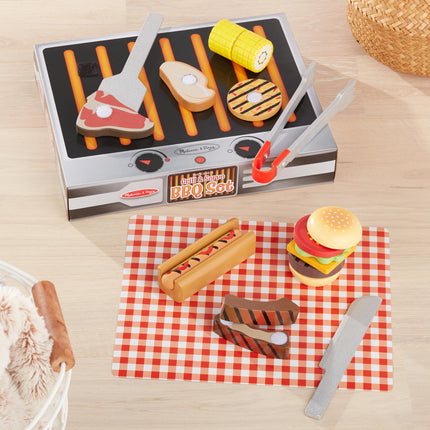 Melissa & Doug 9280 Grill and Serve BBQ Set (20 pcs) -Wooden Play Food and Accessories, Multi-Colored, 1 EA