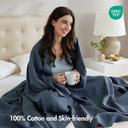 Madison Park 100% Egyptian Cotton Lightweight Summer Blanket, Breathable Waffle Knit Design, Soft Cozy All-Season Throw for Bed, Couch or Sofa, Blue King Size (108"x90")