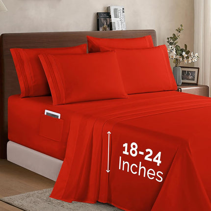 Elegant Comfort 1500 Premium Quality 6-Piece Bed Sheet Set - 18-24 Inch Extra Deep Pocket, Smart Storage Pockets, Wrinkle Free Ultra Soft 6PC Extra Deep Pocket Sheets, Queen, Red