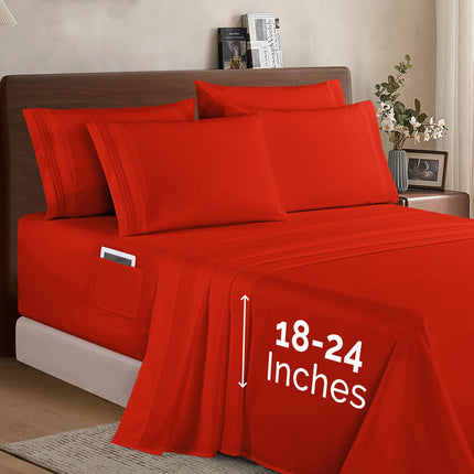 Elegant Comfort 1500 Premium Quality 6-Piece Bed Sheet Set - 18-24 Inch Extra Deep Pocket, Smart Storage Pockets, Wrinkle Free Ultra Soft 6PC Extra Deep Pocket Sheets, Queen, Red